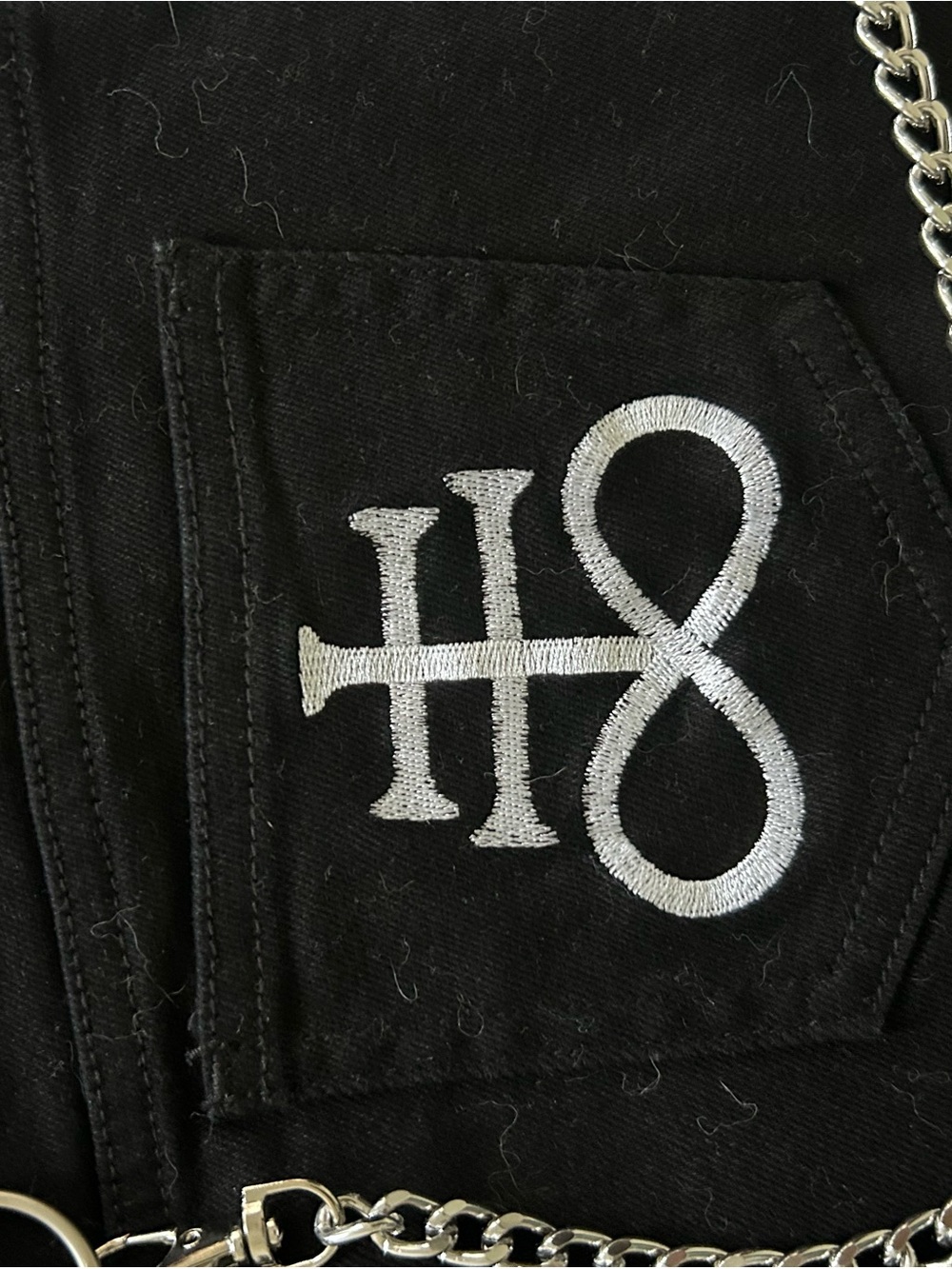 Black Goth/ Emo/ Punk Denim Mini Skirt with chains and embroidered patches. - Picture 6 of 7